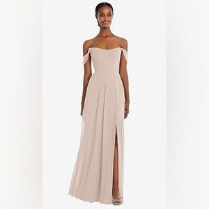 OFF-SHOULDER BASQUE NECK MAXI DRESS WITH FLOUNCE SLEEVES | CAMEO LUXE CHIFFON